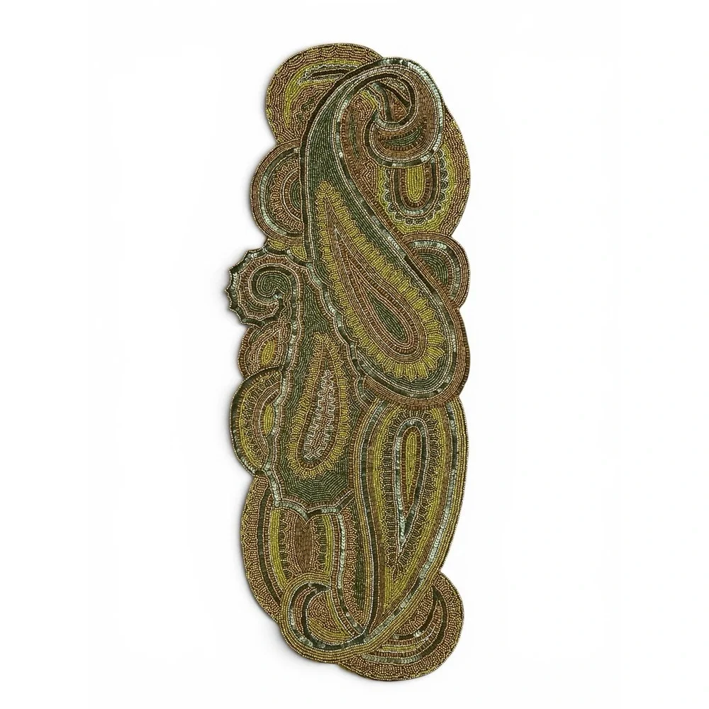 Pier 1 Imports Glass Beaded Paisley Table Runner 13x34 Green Gold India